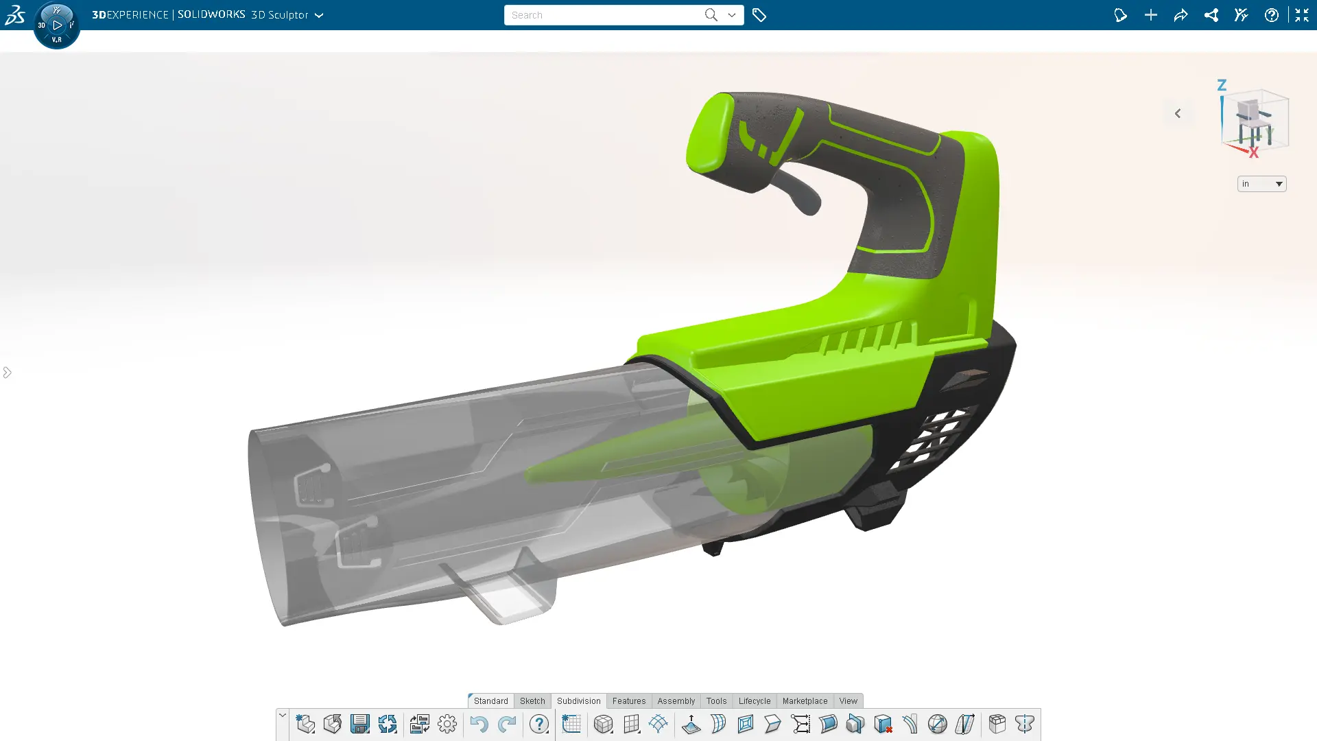 Image of completed bright green leafblower at end of development phase.